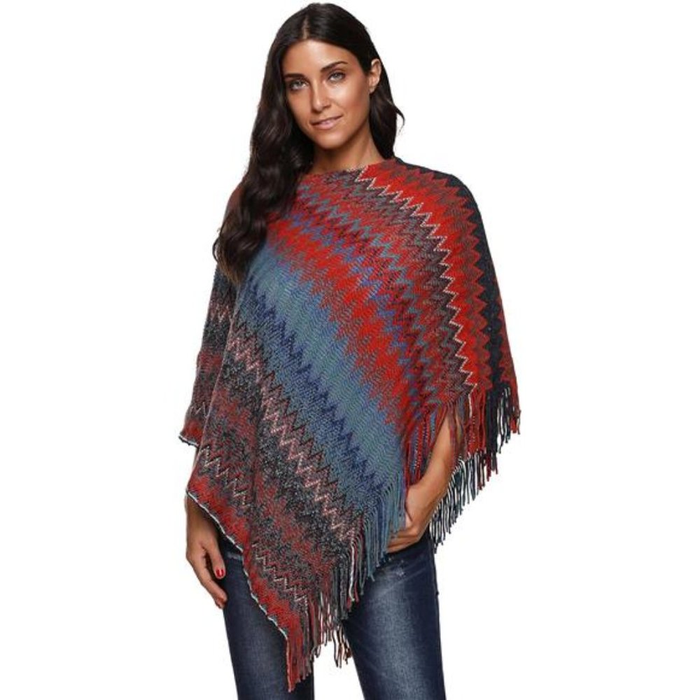 Women's Zig-Zag Knit Tassel Fringed Pullover Poncho Sweater Cape Shawl Wrap - Picture 1 of 7